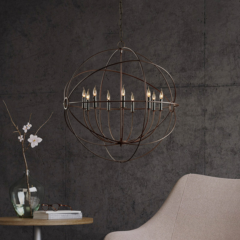 Antique Style Spherical Ceiling Pendant with Cage Shade Multi Light Iron Chandelier Lighting in Rust Clearhalo 'Cast Iron' 'Ceiling Lights' 'Chandeliers' 'Industrial Chandeliers' 'Industrial' 'Metal' 'Middle Century Chandeliers' 'Rustic Chandeliers' 'Tiffany' Lighting' 1400635