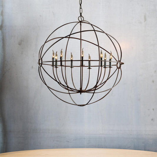 Antique Style Spherical Ceiling Pendant with Cage Shade Multi Light Iron Chandelier Lighting in Rust Clearhalo 'Cast Iron' 'Ceiling Lights' 'Chandeliers' 'Industrial Chandeliers' 'Industrial' 'Metal' 'Middle Century Chandeliers' 'Rustic Chandeliers' 'Tiffany' Lighting' 1400636