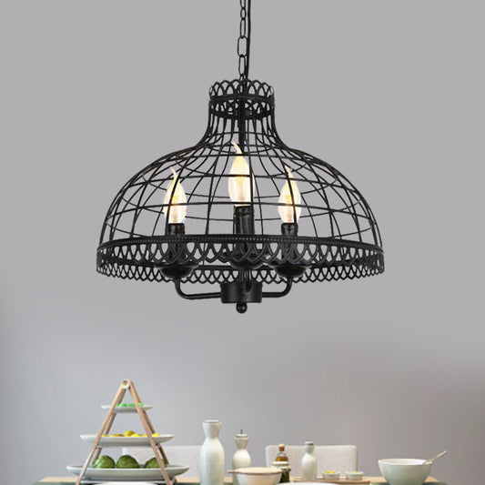 Metallic Dome Cage Shade Ceiling Lamp Industrial Retro 3 Heads Farmhouse Candle Ceiling Fixture in Black Clearhalo 'Cast Iron' 'Ceiling Lights' 'Chandeliers' 'Industrial Chandeliers' 'Industrial' 'Metal' 'Middle Century Chandeliers' 'Rustic Chandeliers' 'Tiffany' Lighting' 1400645