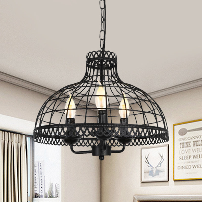 Metallic Dome Cage Shade Ceiling Lamp Industrial Retro 3 Heads Farmhouse Candle Ceiling Fixture in Black Clearhalo 'Cast Iron' 'Ceiling Lights' 'Chandeliers' 'Industrial Chandeliers' 'Industrial' 'Metal' 'Middle Century Chandeliers' 'Rustic Chandeliers' 'Tiffany' Lighting' 1400646