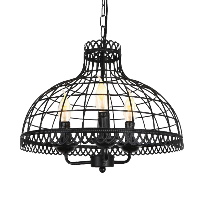 Metallic Dome Cage Shade Ceiling Lamp Industrial Retro 3 Heads Farmhouse Candle Ceiling Fixture in Black Clearhalo 'Cast Iron' 'Ceiling Lights' 'Chandeliers' 'Industrial Chandeliers' 'Industrial' 'Metal' 'Middle Century Chandeliers' 'Rustic Chandeliers' 'Tiffany' Lighting' 1400647