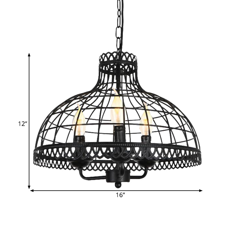 Metallic Dome Cage Shade Ceiling Lamp Industrial Retro 3 Heads Farmhouse Candle Ceiling Fixture in Black Clearhalo 'Cast Iron' 'Ceiling Lights' 'Chandeliers' 'Industrial Chandeliers' 'Industrial' 'Metal' 'Middle Century Chandeliers' 'Rustic Chandeliers' 'Tiffany' Lighting' 1400648
