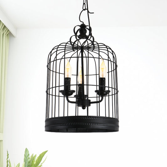Black Birdcage Shade Pendant Light Antique Style Iron 3 Lights Restaurant Ceiling Light with Candle Design Black Clearhalo 'Cast Iron' 'Ceiling Lights' 'Chandeliers' 'Industrial Chandeliers' 'Industrial' 'Metal' 'Middle Century Chandeliers' 'Rustic Chandeliers' 'Tiffany' Lighting' 1400649