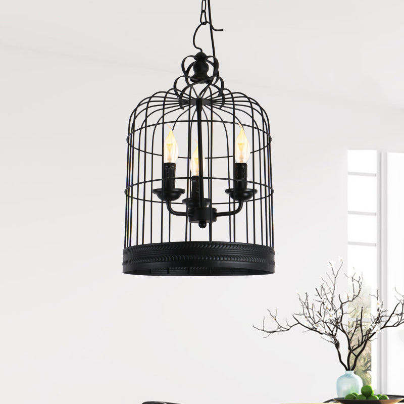 Black Birdcage Shade Pendant Light Antique Style Iron 3 Lights Restaurant Ceiling Light with Candle Design Clearhalo 'Cast Iron' 'Ceiling Lights' 'Chandeliers' 'Industrial Chandeliers' 'Industrial' 'Metal' 'Middle Century Chandeliers' 'Rustic Chandeliers' 'Tiffany' Lighting' 1400650