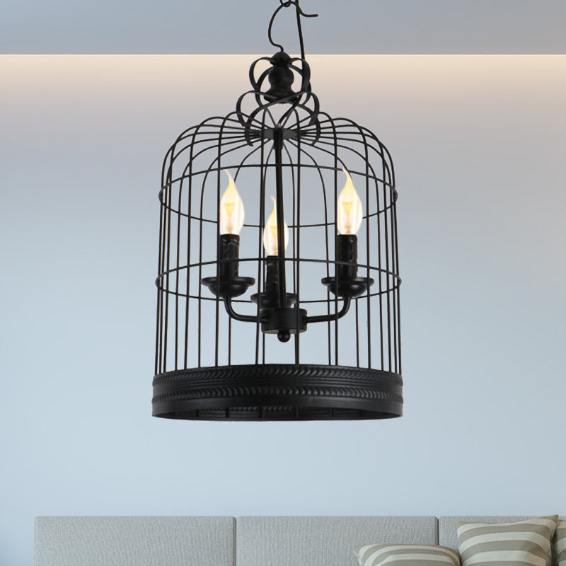 Black Birdcage Shade Pendant Light Antique Style Iron 3 Lights Restaurant Ceiling Light with Candle Design Clearhalo 'Cast Iron' 'Ceiling Lights' 'Chandeliers' 'Industrial Chandeliers' 'Industrial' 'Metal' 'Middle Century Chandeliers' 'Rustic Chandeliers' 'Tiffany' Lighting' 1400651