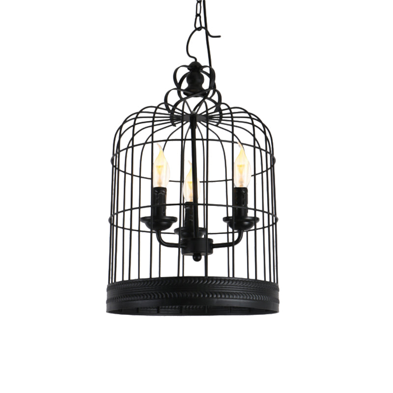 Black Birdcage Shade Pendant Light Antique Style Iron 3 Lights Restaurant Ceiling Light with Candle Design Clearhalo 'Cast Iron' 'Ceiling Lights' 'Chandeliers' 'Industrial Chandeliers' 'Industrial' 'Metal' 'Middle Century Chandeliers' 'Rustic Chandeliers' 'Tiffany' Lighting' 1400652