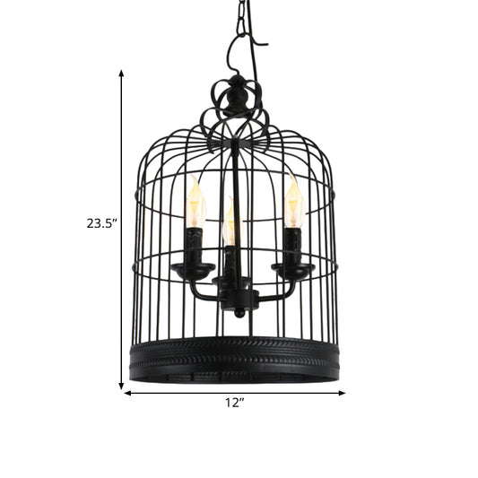 Black Birdcage Shade Pendant Light Antique Style Iron 3 Lights Restaurant Ceiling Light with Candle Design Clearhalo 'Cast Iron' 'Ceiling Lights' 'Chandeliers' 'Industrial Chandeliers' 'Industrial' 'Metal' 'Middle Century Chandeliers' 'Rustic Chandeliers' 'Tiffany' Lighting' 1400653