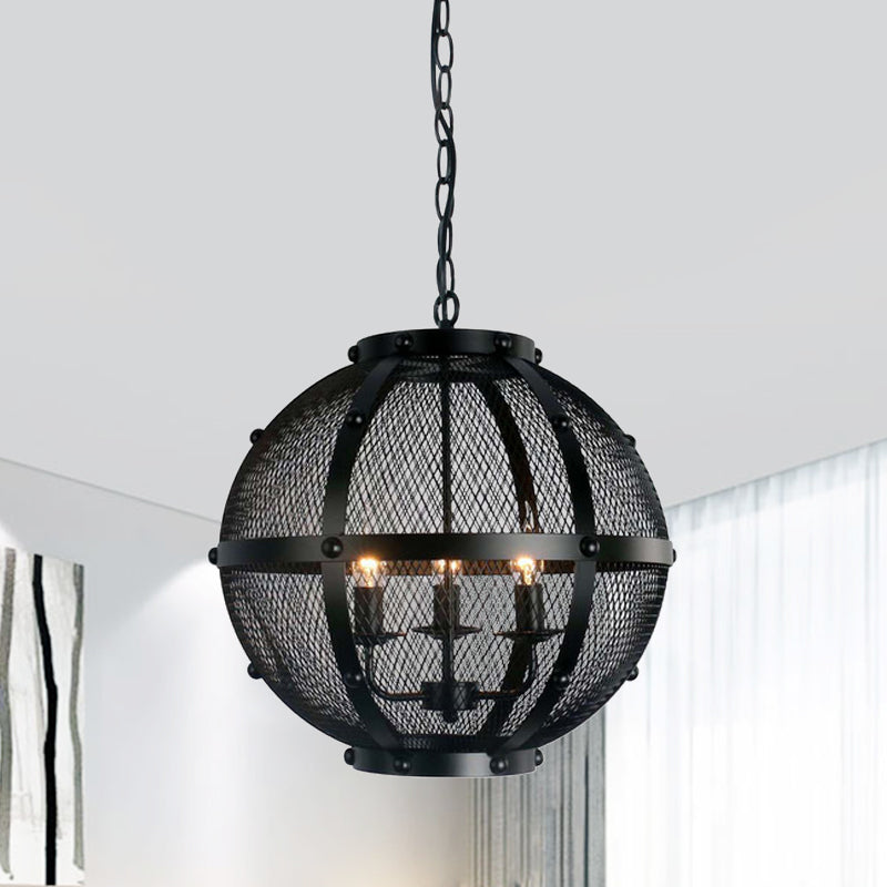 Global Metal Hanging Pendant with Wire Mesh Shade Retro Style 3 Lights Farmhouse Ceiling Fixture in Black Black Clearhalo 'Cast Iron' 'Ceiling Lights' 'Chandeliers' 'Industrial Chandeliers' 'Industrial' 'Metal' 'Middle Century Chandeliers' 'Rustic Chandeliers' 'Tiffany' Lighting' 1400659
