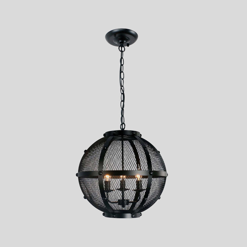 Global Metal Hanging Pendant with Wire Mesh Shade Retro Style 3 Lights Farmhouse Ceiling Fixture in Black Clearhalo 'Cast Iron' 'Ceiling Lights' 'Chandeliers' 'Industrial Chandeliers' 'Industrial' 'Metal' 'Middle Century Chandeliers' 'Rustic Chandeliers' 'Tiffany' Lighting' 1400662