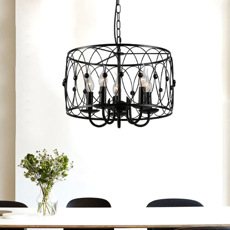 Black Finish Drum Hanging Light with Cage Shade Vintage Style Metal 6 Heads Dining Room Chandelier Lamp Black Clearhalo 'Cast Iron' 'Ceiling Lights' 'Chandeliers' 'Industrial Chandeliers' 'Industrial' 'Metal' 'Middle Century Chandeliers' 'Rustic Chandeliers' 'Tiffany' Lighting' 1400674