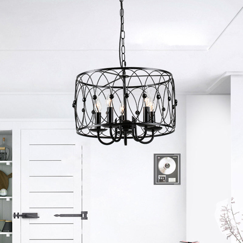 Black Finish Drum Hanging Light with Cage Shade Vintage Style Metal 6 Heads Dining Room Chandelier Lamp Clearhalo 'Cast Iron' 'Ceiling Lights' 'Chandeliers' 'Industrial Chandeliers' 'Industrial' 'Metal' 'Middle Century Chandeliers' 'Rustic Chandeliers' 'Tiffany' Lighting' 1400675