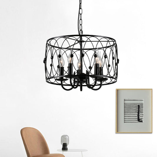 Black Finish Drum Hanging Light with Cage Shade Vintage Style Metal 6 Heads Dining Room Chandelier Lamp Clearhalo 'Cast Iron' 'Ceiling Lights' 'Chandeliers' 'Industrial Chandeliers' 'Industrial' 'Metal' 'Middle Century Chandeliers' 'Rustic Chandeliers' 'Tiffany' Lighting' 1400676