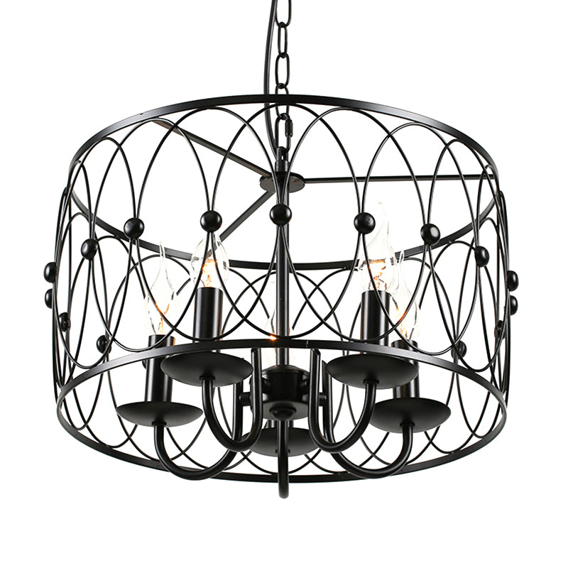 Black Finish Drum Hanging Light with Cage Shade Vintage Style Metal 6 Heads Dining Room Chandelier Lamp Clearhalo 'Cast Iron' 'Ceiling Lights' 'Chandeliers' 'Industrial Chandeliers' 'Industrial' 'Metal' 'Middle Century Chandeliers' 'Rustic Chandeliers' 'Tiffany' Lighting' 1400677