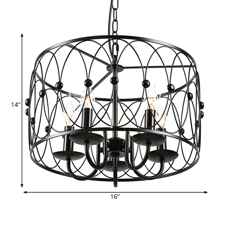 Black Finish Drum Hanging Light with Cage Shade Vintage Style Metal 6 Heads Dining Room Chandelier Lamp Clearhalo 'Cast Iron' 'Ceiling Lights' 'Chandeliers' 'Industrial Chandeliers' 'Industrial' 'Metal' 'Middle Century Chandeliers' 'Rustic Chandeliers' 'Tiffany' Lighting' 1400678