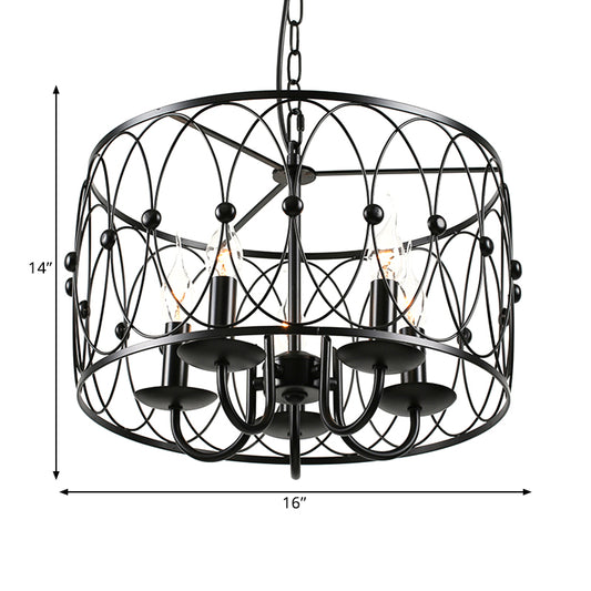 Black Finish Drum Hanging Light with Cage Shade Vintage Style Metal 6 Heads Dining Room Chandelier Lamp Clearhalo 'Cast Iron' 'Ceiling Lights' 'Chandeliers' 'Industrial Chandeliers' 'Industrial' 'Metal' 'Middle Century Chandeliers' 'Rustic Chandeliers' 'Tiffany' Lighting' 1400678
