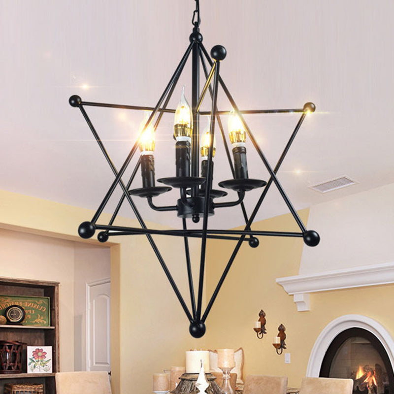 Black Star Cage Chandelier Pendant Light with Candle Retro Style Iron 4 Heads Dining Room Ceiling Light Black Clearhalo 'Cast Iron' 'Ceiling Lights' 'Chandeliers' 'Industrial Chandeliers' 'Industrial' 'Metal' 'Middle Century Chandeliers' 'Rustic Chandeliers' 'Tiffany' Lighting' 1400679