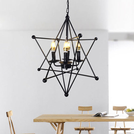 Black Star Cage Chandelier Pendant Light with Candle Retro Style Iron 4 Heads Dining Room Ceiling Light Clearhalo 'Cast Iron' 'Ceiling Lights' 'Chandeliers' 'Industrial Chandeliers' 'Industrial' 'Metal' 'Middle Century Chandeliers' 'Rustic Chandeliers' 'Tiffany' Lighting' 1400680