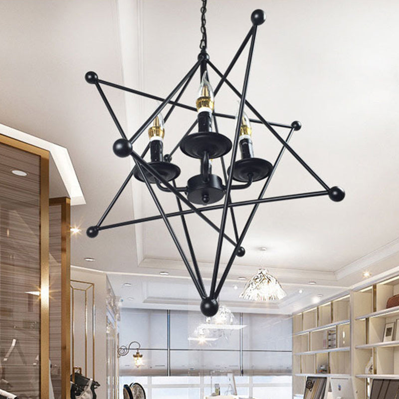 Black Star Cage Chandelier Pendant Light with Candle Retro Style Iron 4 Heads Dining Room Ceiling Light Clearhalo 'Cast Iron' 'Ceiling Lights' 'Chandeliers' 'Industrial Chandeliers' 'Industrial' 'Metal' 'Middle Century Chandeliers' 'Rustic Chandeliers' 'Tiffany' Lighting' 1400681