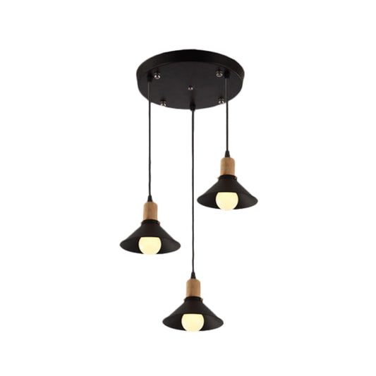 Retro Stylish Conic Pendant Lamp 3 Lights Metallic Hanging Fixture with Round Canopy in Black for Dining Room Clearhalo 'Art Deco Pendants' 'Black' 'Cast Iron' 'Ceiling Lights' 'Ceramic' 'Crystal' 'Industrial Pendants' 'Industrial' 'Metal' 'Middle Century Pendants' 'Pendant Lights' 'Pendants' 'Rustic Pendants' 'Tiffany' Lighting' 1400699