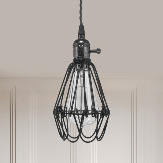 Metal Wire Frame Pendant Light Vintage 1 Light Kitchen Mini Suspension Lamp with Plug In Cord Black Clearhalo 'Art Deco Pendants' 'Black' 'Cast Iron' 'Ceiling Lights' 'Ceramic' 'Crystal' 'Industrial Pendants' 'Industrial' 'Metal' 'Middle Century Pendants' 'Pendant Lights' 'Pendants' 'Rustic Pendants' 'Tiffany' Lighting' 1400739