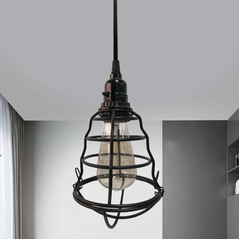 Bulb Shaped Cage Corridor Pendant Lamp Industrial Metallic One Light Black Hanging Light with Plug In Cord Black Clearhalo 'Art Deco Pendants' 'Black' 'Cast Iron' 'Ceiling Lights' 'Ceramic' 'Crystal' 'Industrial Pendants' 'Industrial' 'Metal' 'Middle Century Pendants' 'Pendant Lights' 'Pendants' 'Rustic Pendants' 'Tiffany' Lighting' 1400758