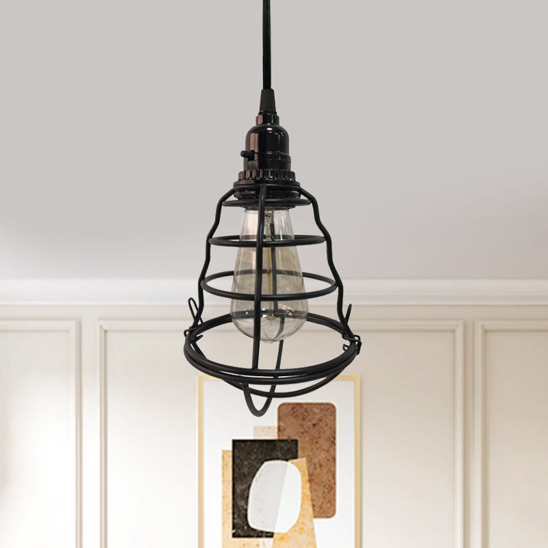 Bulb Shaped Cage Corridor Pendant Lamp Industrial Metallic One Light Black Hanging Light with Plug In Cord Clearhalo 'Art Deco Pendants' 'Black' 'Cast Iron' 'Ceiling Lights' 'Ceramic' 'Crystal' 'Industrial Pendants' 'Industrial' 'Metal' 'Middle Century Pendants' 'Pendant Lights' 'Pendants' 'Rustic Pendants' 'Tiffany' Lighting' 1400759