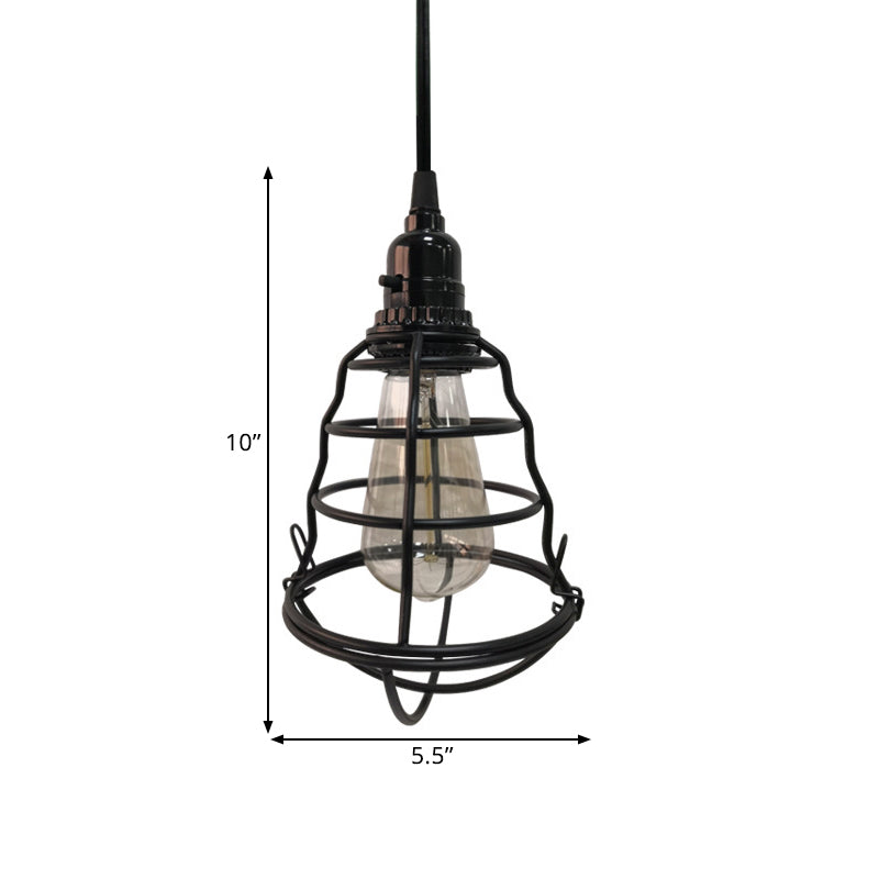 Bulb Shaped Cage Corridor Pendant Lamp Industrial Metallic One Light Black Hanging Light with Plug In Cord Clearhalo 'Art Deco Pendants' 'Black' 'Cast Iron' 'Ceiling Lights' 'Ceramic' 'Crystal' 'Industrial Pendants' 'Industrial' 'Metal' 'Middle Century Pendants' 'Pendant Lights' 'Pendants' 'Rustic Pendants' 'Tiffany' Lighting' 1400762