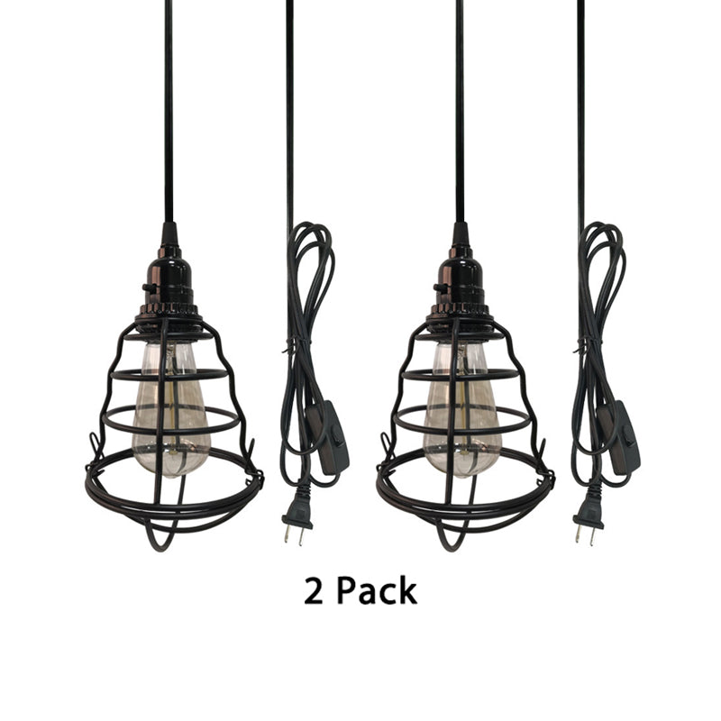 Bulb Shaped Cage Corridor Pendant Lamp Industrial Metallic One Light Black Hanging Light with Plug In Cord Clearhalo 'Art Deco Pendants' 'Black' 'Cast Iron' 'Ceiling Lights' 'Ceramic' 'Crystal' 'Industrial Pendants' 'Industrial' 'Metal' 'Middle Century Pendants' 'Pendant Lights' 'Pendants' 'Rustic Pendants' 'Tiffany' Lighting' 1400763