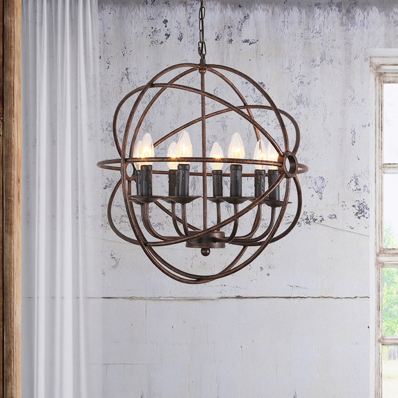 Dark Rust Orb Cage Suspension Light with Candle Design Rustic Stylish Wrought Iron 8 Heads Indoor Chandelier Lamp Rust Clearhalo 'Ceiling Lights' 'Chandeliers' Lighting' options 1400963_2ff559c3-f01b-4f53-b104-2a5b437a6c58