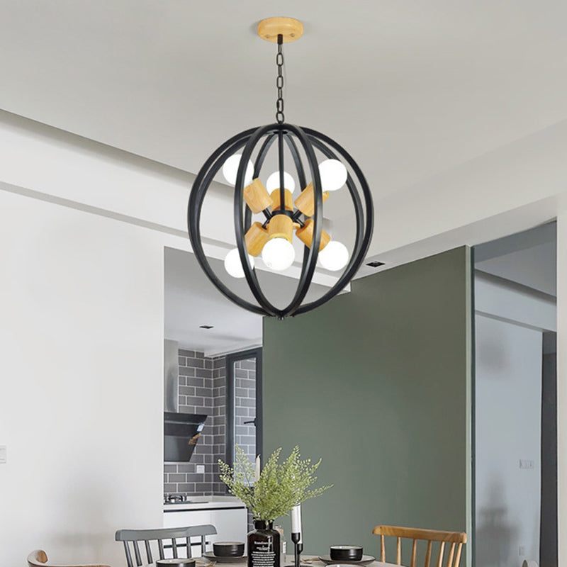 Black/White Spherical Ceiling Lamp Antique Style Wrought Iron 6 Lights Dining Room Chandelier Lighting Clearhalo 'Cast Iron' 'Ceiling Lights' 'Chandeliers' 'Industrial Chandeliers' 'Industrial' 'Metal' 'Middle Century Chandeliers' 'Rustic Chandeliers' 'Tiffany' Lighting' 1400969