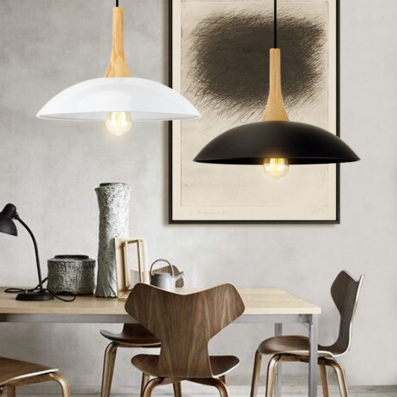 Modernism Style Bowl Ceiling Pendant 12.5"/16" W 1 Head Wood and Metal Hanging Light in Black/White over Table Clearhalo 'Art Deco Pendants' 'Black' 'Cast Iron' 'Ceiling Lights' 'Ceramic' 'Crystal' 'Industrial Pendants' 'Industrial' 'Metal' 'Middle Century Pendants' 'Pendant Lights' 'Pendants' 'Rustic Pendants' 'Tiffany' Lighting' 1401013
