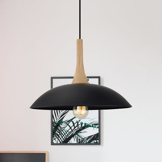 Modernism Style Bowl Ceiling Pendant 12.5"/16" W 1 Head Wood and Metal Hanging Light in Black/White over Table Black Clearhalo 'Art Deco Pendants' 'Black' 'Cast Iron' 'Ceiling Lights' 'Ceramic' 'Crystal' 'Industrial Pendants' 'Industrial' 'Metal' 'Middle Century Pendants' 'Pendant Lights' 'Pendants' 'Rustic Pendants' 'Tiffany' Lighting' 1401014