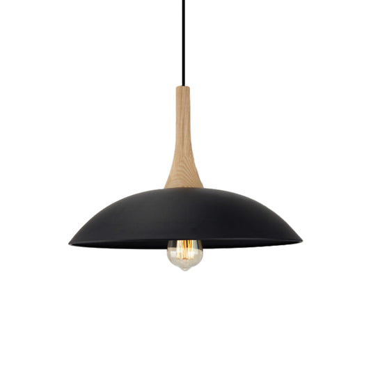 Modernism Style Bowl Ceiling Pendant 12.5"/16" W 1 Head Wood and Metal Hanging Light in Black/White over Table Clearhalo 'Art Deco Pendants' 'Black' 'Cast Iron' 'Ceiling Lights' 'Ceramic' 'Crystal' 'Industrial Pendants' 'Industrial' 'Metal' 'Middle Century Pendants' 'Pendant Lights' 'Pendants' 'Rustic Pendants' 'Tiffany' Lighting' 1401016