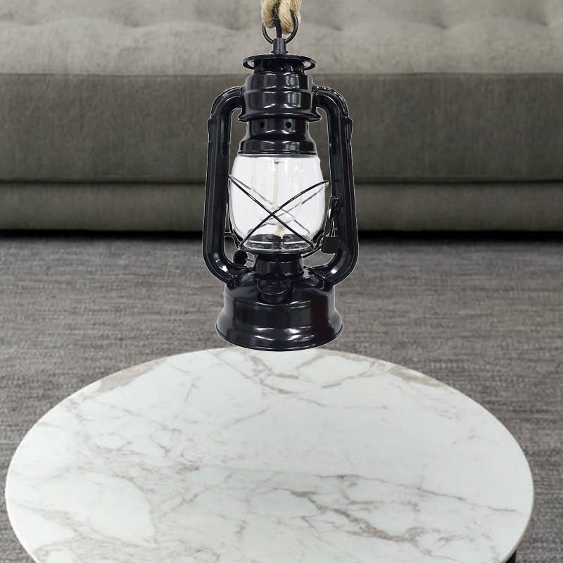 Black/Bronze/Antique Brass 1 Light Pendant Ceiling Light Industrial Clear Glass Kerosene Hanging Lamp for Coffee Shop Black B Clearhalo 'Art Deco Pendants' 'Black' 'Cast Iron' 'Ceiling Lights' 'Ceramic' 'Crystal' 'Industrial Pendants' 'Industrial' 'Metal' 'Middle Century Pendants' 'Pendant Lights' 'Pendants' 'Rustic Pendants' 'Tiffany' Lighting' 140102