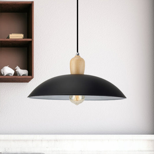 Simple Stylish Bowl Ceiling Fixture 1 Bulb Metal and Wood Pendant Lighting in Black/White, 12.5"/16" Diameter Black Clearhalo 'Art Deco Pendants' 'Black' 'Cast Iron' 'Ceiling Lights' 'Ceramic' 'Crystal' 'Industrial Pendants' 'Industrial' 'Metal' 'Middle Century Pendants' 'Pendant Lights' 'Pendants' 'Rustic Pendants' 'Tiffany' Lighting' 1401024