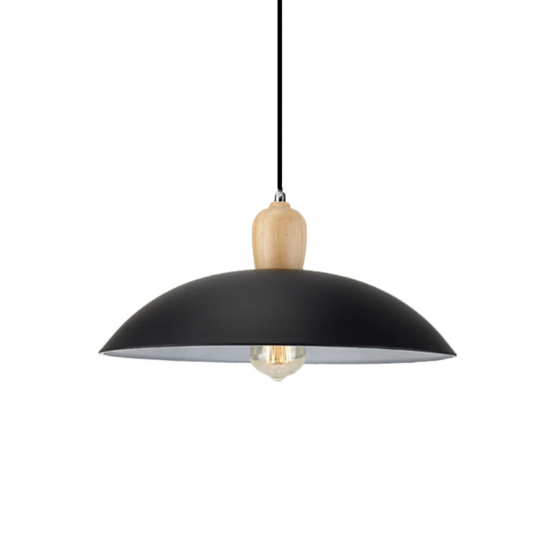 Simple Stylish Bowl Ceiling Fixture 1 Bulb Metal and Wood Pendant Lighting in Black/White, 12.5"/16" Diameter Clearhalo 'Art Deco Pendants' 'Black' 'Cast Iron' 'Ceiling Lights' 'Ceramic' 'Crystal' 'Industrial Pendants' 'Industrial' 'Metal' 'Middle Century Pendants' 'Pendant Lights' 'Pendants' 'Rustic Pendants' 'Tiffany' Lighting' 1401026