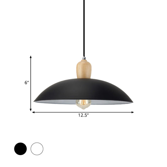 Simple Stylish Bowl Ceiling Fixture 1 Bulb Metal and Wood Pendant Lighting in Black/White, 12.5"/16" Diameter Clearhalo 'Art Deco Pendants' 'Black' 'Cast Iron' 'Ceiling Lights' 'Ceramic' 'Crystal' 'Industrial Pendants' 'Industrial' 'Metal' 'Middle Century Pendants' 'Pendant Lights' 'Pendants' 'Rustic Pendants' 'Tiffany' Lighting' 1401027