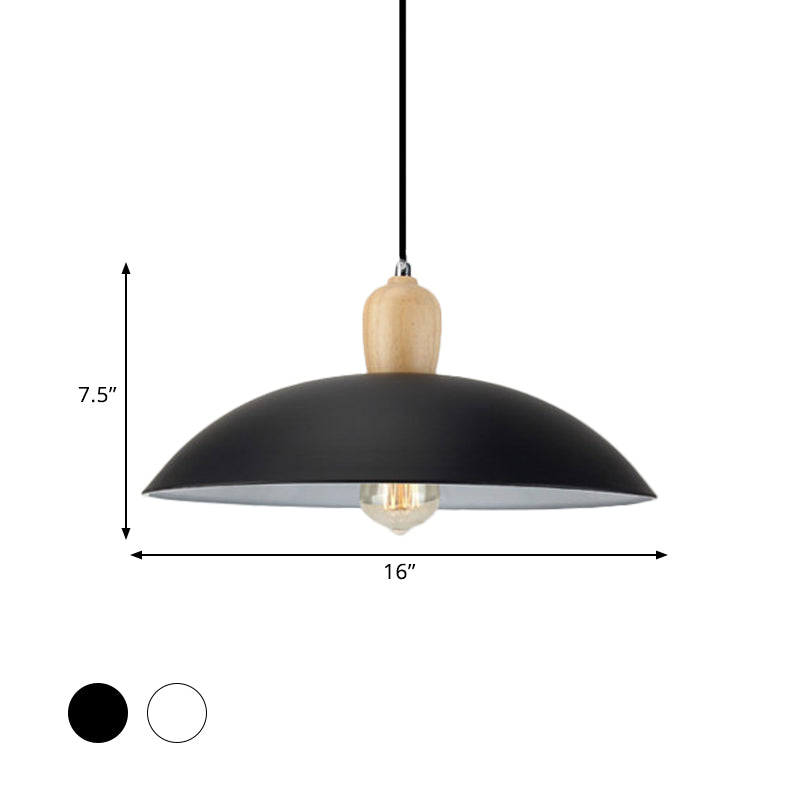 Simple Stylish Bowl Ceiling Fixture 1 Bulb Metal and Wood Pendant Lighting in Black/White, 12.5"/16" Diameter Clearhalo 'Art Deco Pendants' 'Black' 'Cast Iron' 'Ceiling Lights' 'Ceramic' 'Crystal' 'Industrial Pendants' 'Industrial' 'Metal' 'Middle Century Pendants' 'Pendant Lights' 'Pendants' 'Rustic Pendants' 'Tiffany' Lighting' 1401028
