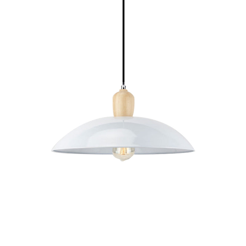 Simple Stylish Bowl Ceiling Fixture 1 Bulb Metal and Wood Pendant Lighting in Black/White, 12.5"/16" Diameter Clearhalo 'Art Deco Pendants' 'Black' 'Cast Iron' 'Ceiling Lights' 'Ceramic' 'Crystal' 'Industrial Pendants' 'Industrial' 'Metal' 'Middle Century Pendants' 'Pendant Lights' 'Pendants' 'Rustic Pendants' 'Tiffany' Lighting' 1401031