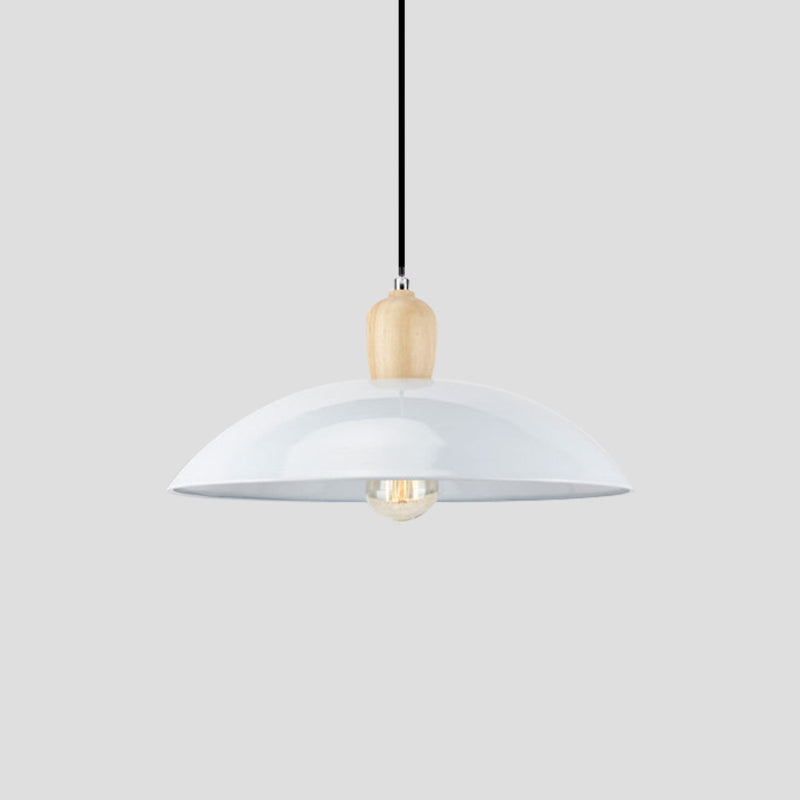 Simple Stylish Bowl Ceiling Fixture 1 Bulb Metal and Wood Pendant Lighting in Black/White, 12.5"/16" Diameter Clearhalo 'Art Deco Pendants' 'Black' 'Cast Iron' 'Ceiling Lights' 'Ceramic' 'Crystal' 'Industrial Pendants' 'Industrial' 'Metal' 'Middle Century Pendants' 'Pendant Lights' 'Pendants' 'Rustic Pendants' 'Tiffany' Lighting' 1401032