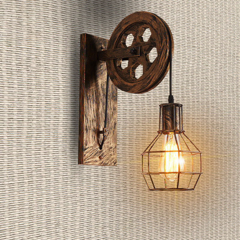 Metal Orb Grid Cage Wall Light with Pulley Deco 1 Light Antique Wall Sconce in Bronze for Bar Clearhalo 'Art deco wall lights' 'Cast Iron' 'Glass' 'Industrial wall lights' 'Industrial' 'Middle century wall lights' 'Modern' 'Rustic wall lights' 'Tiffany' 'Traditional wall lights' 'Wall Lamps & Sconces' 'Wall Lights' Lighting' 1401050