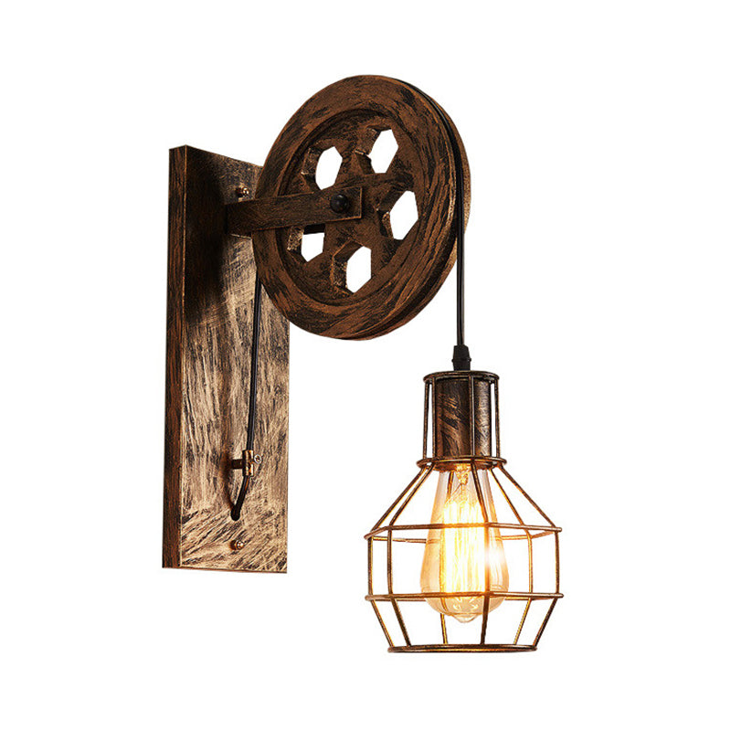 Metal Orb Grid Cage Wall Light with Pulley Deco 1 Light Antique Wall Sconce in Bronze for Bar Clearhalo 'Art deco wall lights' 'Cast Iron' 'Glass' 'Industrial wall lights' 'Industrial' 'Middle century wall lights' 'Modern' 'Rustic wall lights' 'Tiffany' 'Traditional wall lights' 'Wall Lamps & Sconces' 'Wall Lights' Lighting' 1401051