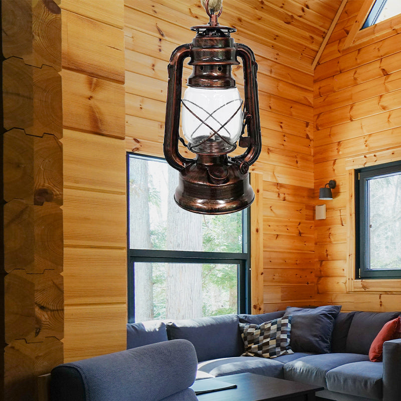 Black/Bronze/Antique Brass 1 Light Pendant Ceiling Light Industrial Clear Glass Kerosene Hanging Lamp for Coffee Shop Clearhalo 'Art Deco Pendants' 'Black' 'Cast Iron' 'Ceiling Lights' 'Ceramic' 'Crystal' 'Industrial Pendants' 'Industrial' 'Metal' 'Middle Century Pendants' 'Pendant Lights' 'Pendants' 'Rustic Pendants' 'Tiffany' Lighting' 140110