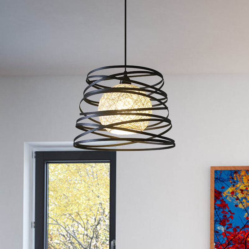 Swirl Conic Dining Room Ceiling Pendant Light Industrial Metal 1 Head White/Black Hanging Lamp with Wire Frame Clearhalo 'Ceiling Lights' 'Modern Pendants' 'Modern' 'Pendant Lights' 'Pendants' Lighting' 1401185