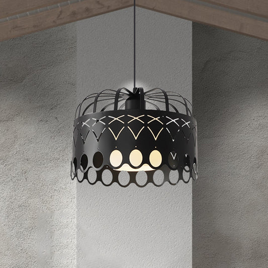 Black Drum Hanging Light Industrial Metal 1 Light Dining Room Pendant Lighting Fixture with Cage Shade Clearhalo 'Art Deco Pendants' 'Black' 'Cast Iron' 'Ceiling Lights' 'Ceramic' 'Crystal' 'Industrial Pendants' 'Industrial' 'Metal' 'Middle Century Pendants' 'Pendant Lights' 'Pendants' 'Rustic Pendants' 'Tiffany' Lighting' 1401194