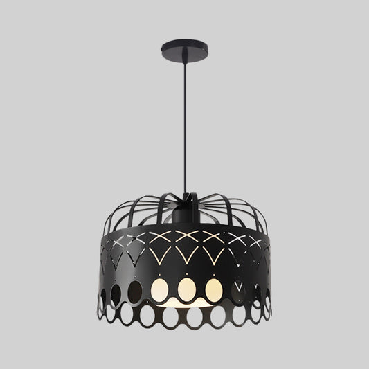 Black Drum Hanging Light Industrial Metal 1 Light Dining Room Pendant Lighting Fixture with Cage Shade Clearhalo 'Art Deco Pendants' 'Black' 'Cast Iron' 'Ceiling Lights' 'Ceramic' 'Crystal' 'Industrial Pendants' 'Industrial' 'Metal' 'Middle Century Pendants' 'Pendant Lights' 'Pendants' 'Rustic Pendants' 'Tiffany' Lighting' 1401196