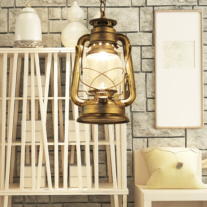 Black/Bronze/Antique Brass 1 Light Pendant Ceiling Light Industrial Clear Glass Kerosene Hanging Lamp for Coffee Shop Clearhalo 'Art Deco Pendants' 'Black' 'Cast Iron' 'Ceiling Lights' 'Ceramic' 'Crystal' 'Industrial Pendants' 'Industrial' 'Metal' 'Middle Century Pendants' 'Pendant Lights' 'Pendants' 'Rustic Pendants' 'Tiffany' Lighting' 140120