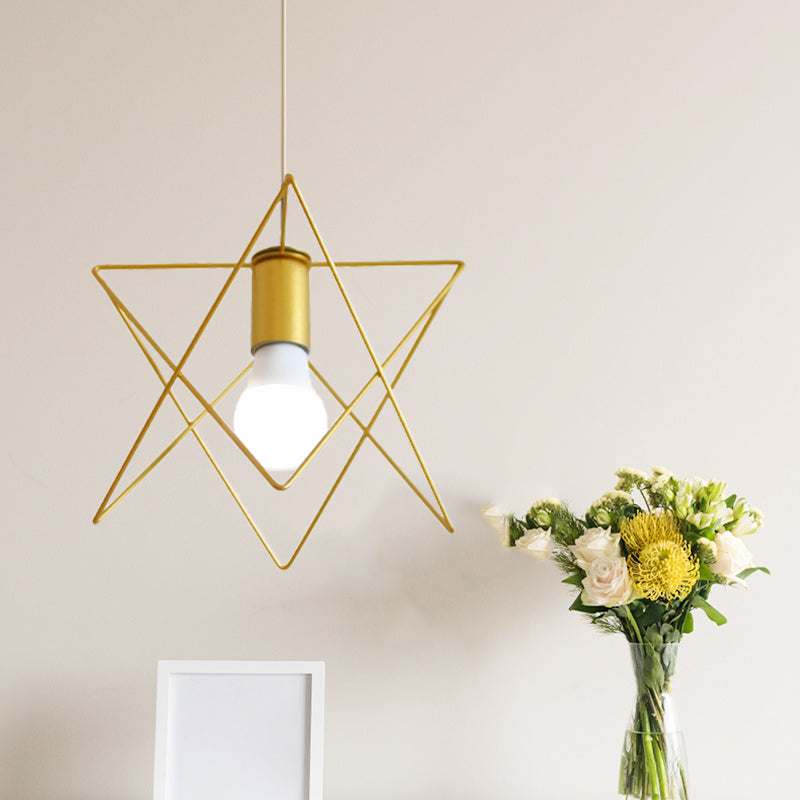 1 Bulb Metal Pendant Light Loft Style Gold Finish Globe/Hexagon Cage Shade Dining Room Hanging Lamp Gold Star Clearhalo 'Ceiling Lights' 'Modern Pendants' 'Modern' 'Pendant Lights' 'Pendants' Lighting' 1401232