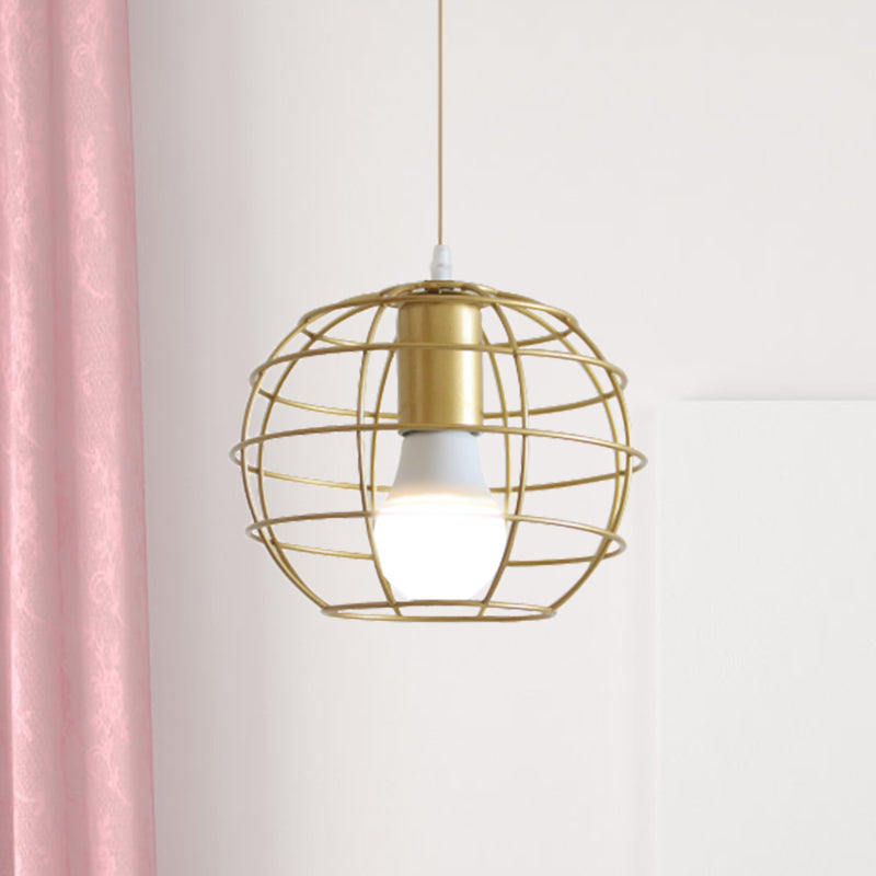 1 Bulb Metal Pendant Light Loft Style Gold Finish Globe/Hexagon Cage Shade Dining Room Hanging Lamp Gold Globe Clearhalo 'Ceiling Lights' 'Modern Pendants' 'Modern' 'Pendant Lights' 'Pendants' Lighting' 1401237