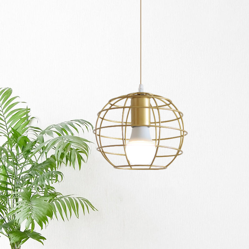 1 Bulb Metal Pendant Light Loft Style Gold Finish Globe/Hexagon Cage Shade Dining Room Hanging Lamp Clearhalo 'Ceiling Lights' 'Modern Pendants' 'Modern' 'Pendant Lights' 'Pendants' Lighting' 1401238